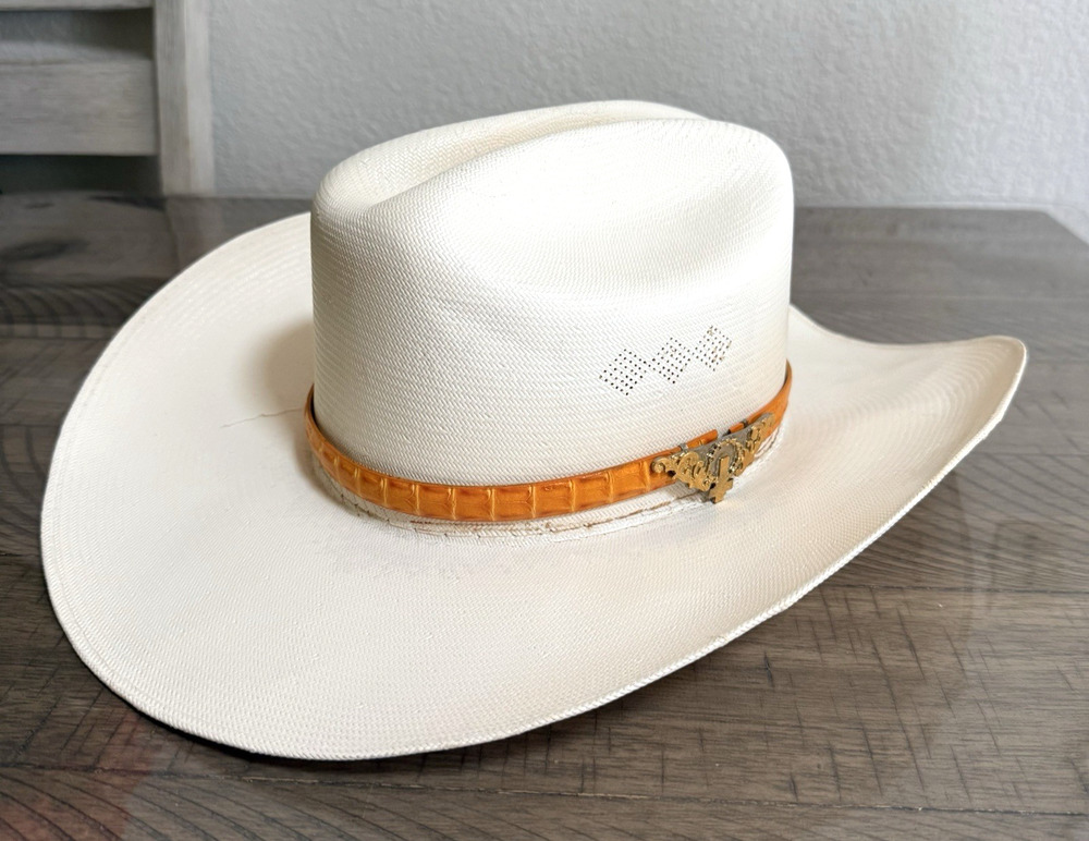 Vintage Resistolic 1000X Western Cowboy Hat White Cross Hatband Sz 7 1/4 AS IS